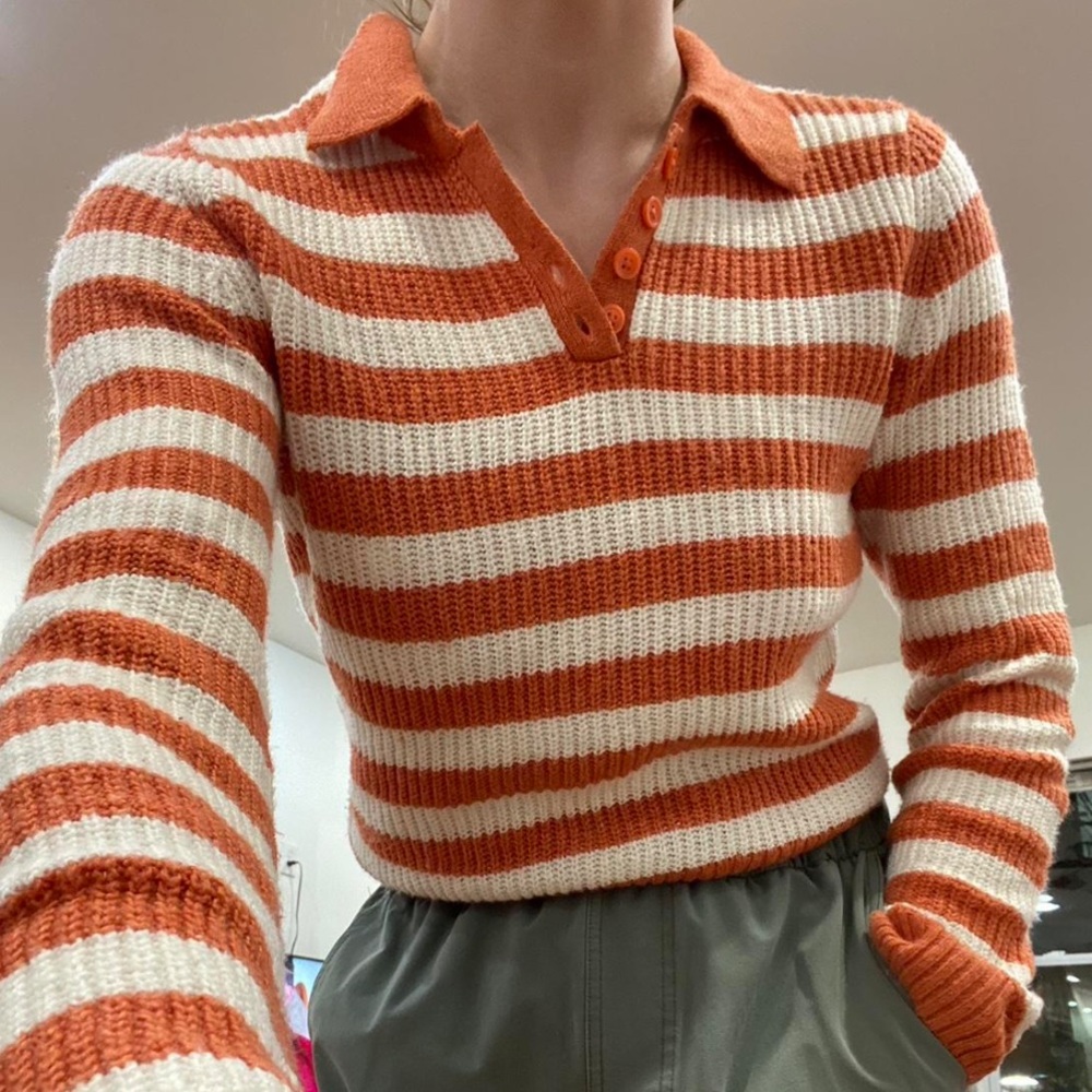 Striped Polo Sweater - Orange and White
